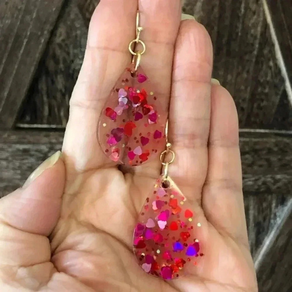 Pink Red Hearts Love Handmade Resin Glitter Gold Teardrop Drop Earrings New NWT - Picture 1 of 3